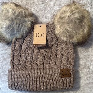C.C Adult Taupe Knit Hat with Faux Fur Pom Poms. One Size fits most.